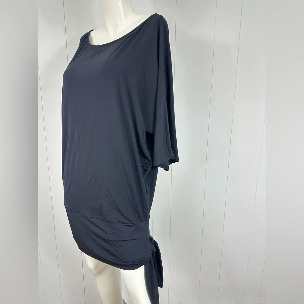 Michael Kors Sz M Black 3/4 Boxy Dolman Sleeve Silky Mini Shirt Dress Side Twist